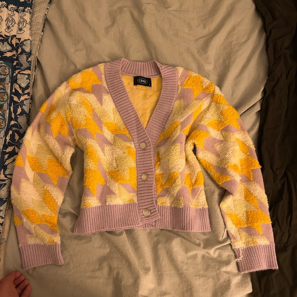 Lilac and Mustard Geometric Cozy Cardigan Knit Cardigan